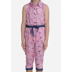 Girl’s Cotton Printed Sleeveless Jumpsuit (Pink)