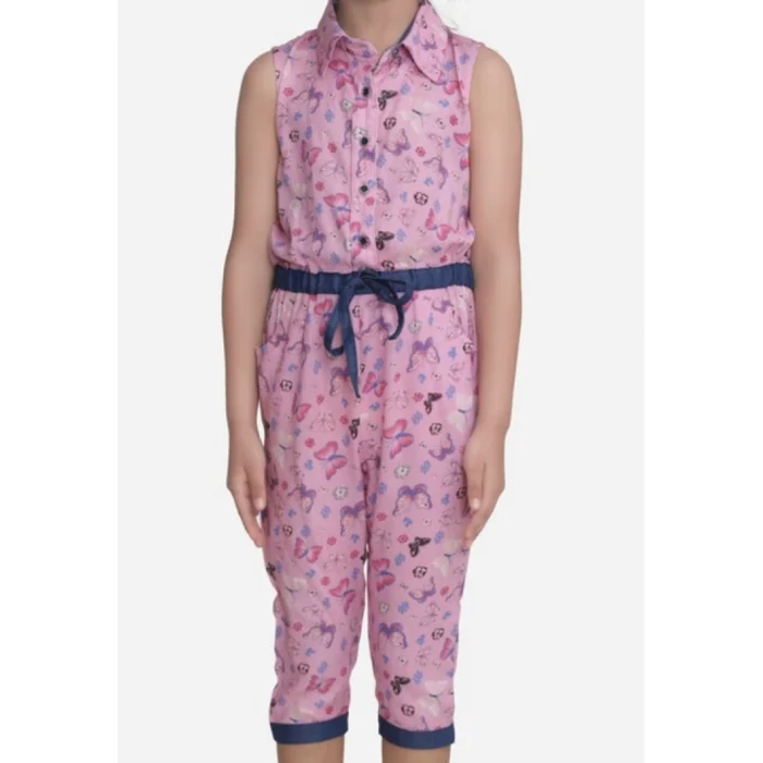 Girl’s Cotton Printed Sleeveless Jumpsuit (Pink)