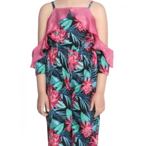 Girl’s Polyester Floral Cold Shoulder Jumpsuit (Pink)