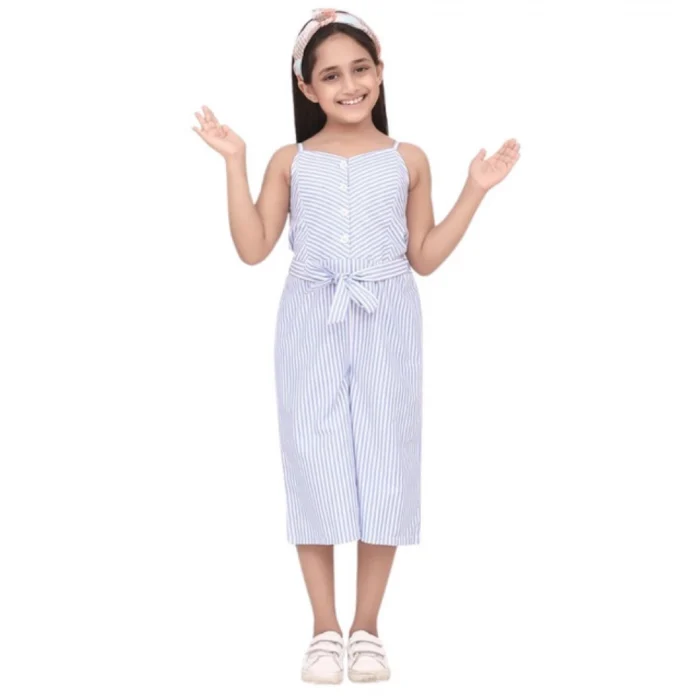 Girl’s Polyester Cotton Blend Striped Sleeveless Jumpsuit (Light Blue) – view 5