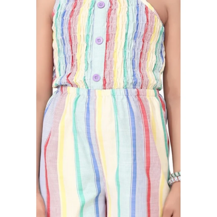 Girl’s Polyester Cotton Blend Striped Sleeveless Jumpsuit (Multicolor)