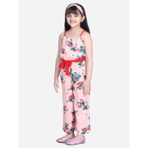 Girl’s Polyester Crepe Floral Shoulder Straps Jumpsuit (Peach-Red)