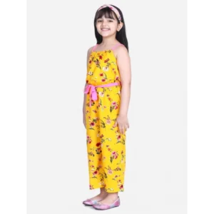 Girl’s Polyester Crepe Floral Shoulder Straps Jumpsuit (Yellow-Pink)