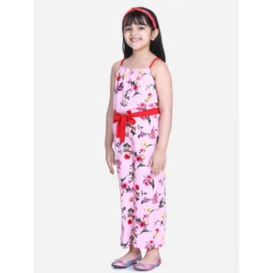 Girl’s Polyester Crepe Floral Shoulder Straps Jumpsuit (Pink-Red)