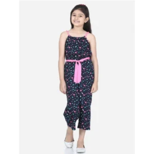 Girl’s Rayon Flamingo Print Sleeveless Jumpsuit (Black-Pink)