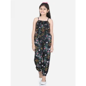 Girl’s Rayon Flamingo Print Sleeveless Jumpsuit (Black-Multicolor)