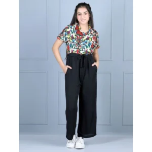 Girl’s Polyester Printed Short Sleeves Jumpsuit (Multicolor-Black)