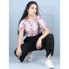 Girl’s Polyester Floral Short Sleeves Jumpsuit (White-Black)