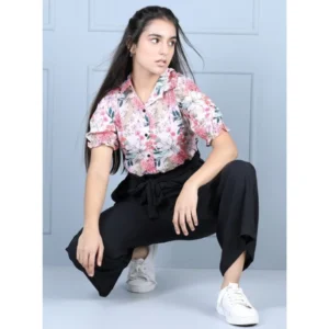 Girl’s Polyester Floral Short Sleeves Jumpsuit (White-Black)