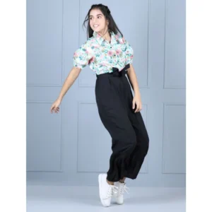 Girl’s Polyester Floral Short Sleeves Jumpsuit (Green-Black)