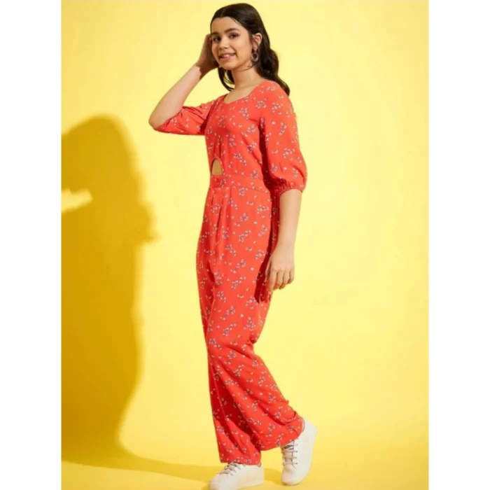 Girl’s Polyester Floral 3/4th Sleeve Jumpsuit (Coral) – view 3