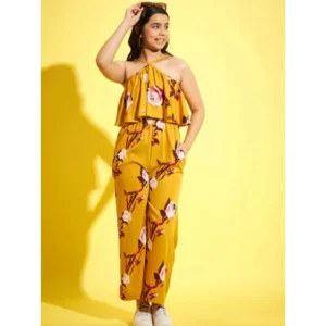Girl’s Polyester Crepe Floral Sleeveless Jumpsuit (Mustard)