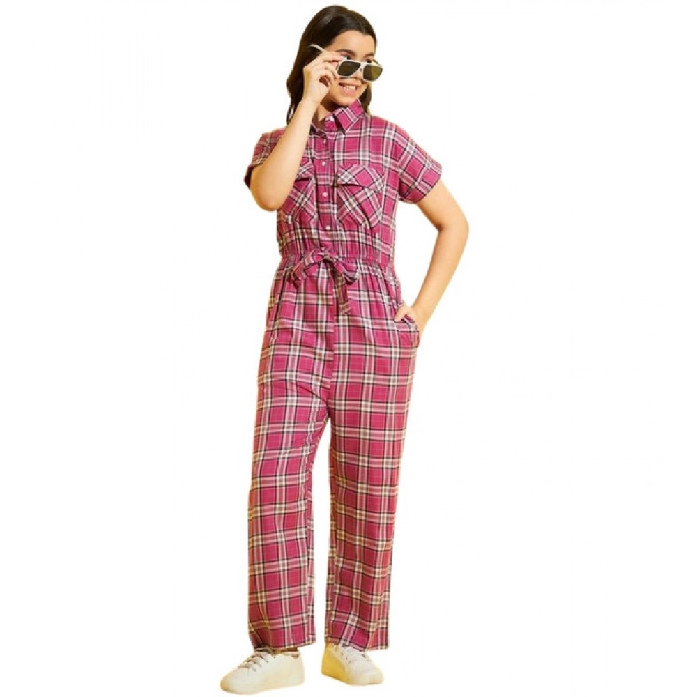 Girl’s Cotton Checkered Short Sleeves Jumpsuit (Pink) – view 4