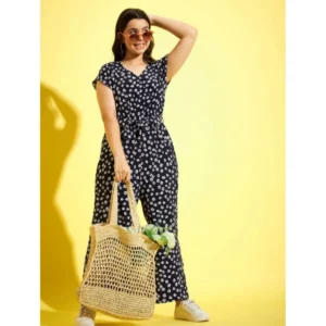 Girl’s Polyester Moss Floral Short Sleeves Jumpsuit (Navy-white)