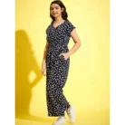 Girl’s Polyester Moss Floral Short Sleeves Jumpsuit (Navy-white) – view 3