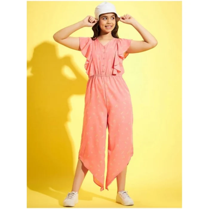 Girl’s Polyester Floral Sleeveless Jumpsuit (Pink) – view 4