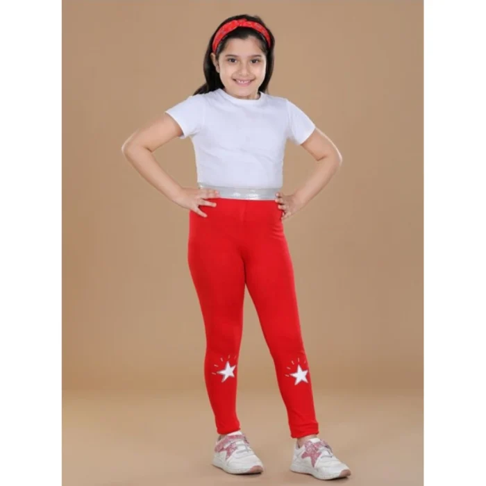 Girl’s Cotton Lycra Star Print Elasticated Leggings (Red) – view 4