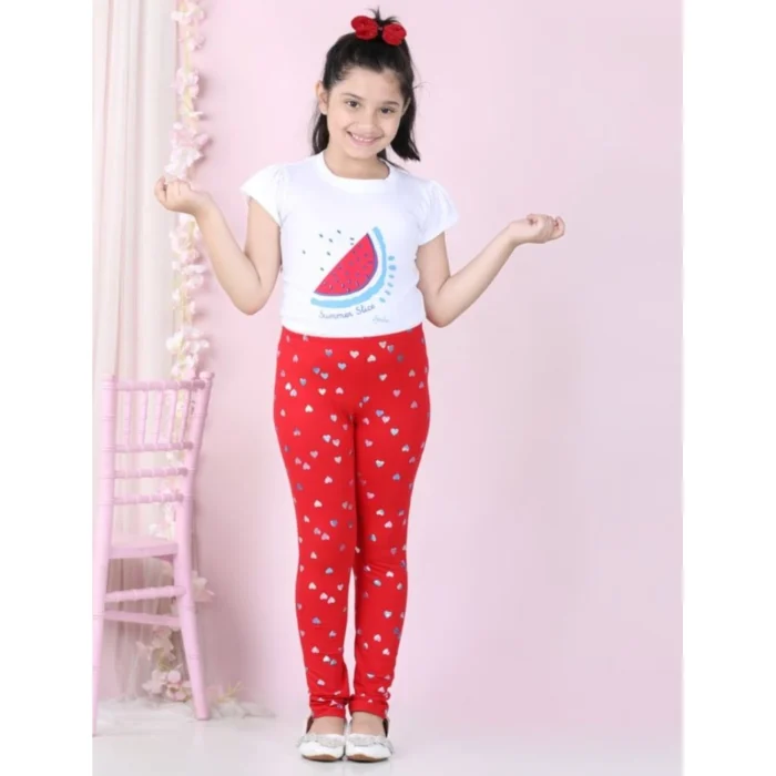 Girl’s Cotton Lycra Embellished Elasticated Leggings (Red)