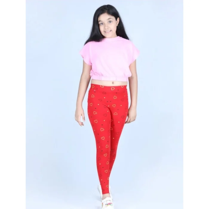 Girl’s Cotton Lycra Printed Elasticated Leggings (Red)