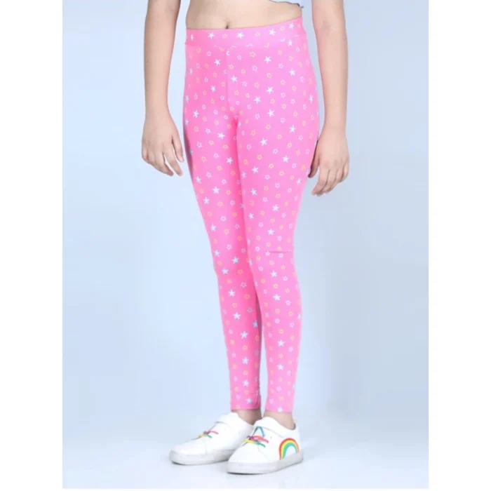 Girl’s Cotton Lycra Printed Elasticated Leggings (Pink)