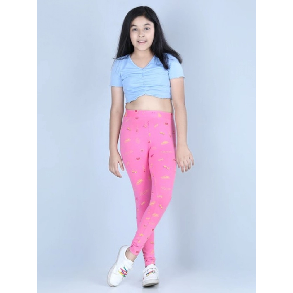 Girl’s Cotton Lycra Printed Elasticated Leggings (Pink)