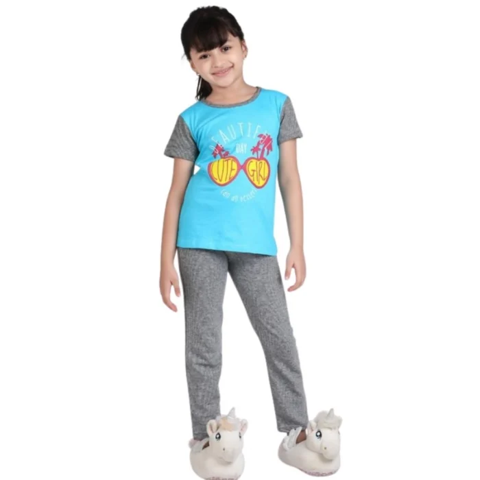 Girl’s Cotton Hosiery Printed Night Suit Set (Blue-Grey) – view 5