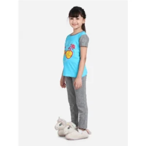 Girl’s Cotton Hosiery Printed Night Suit Set (Blue-Grey)