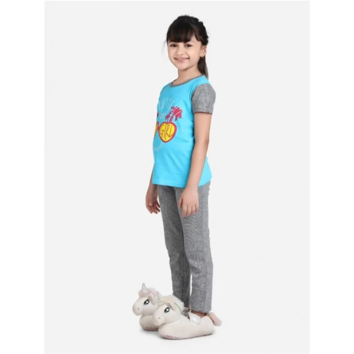 Girl’s Cotton Hosiery Printed Night Suit Set (Blue-Grey)