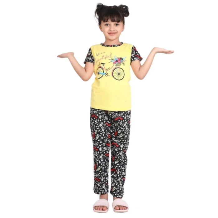 Girl’s Cotton Hosiery Printed Night Suit Set (Yellow-Black) – view 5