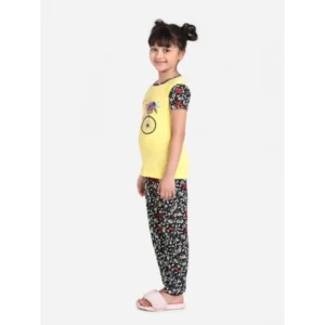 Girl’s Cotton Hosiery Printed Night Suit Set (Yellow-Black)