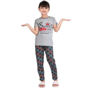 Girl’s Cotton Hosiery Printed Night Suit Set (Grey-Red)