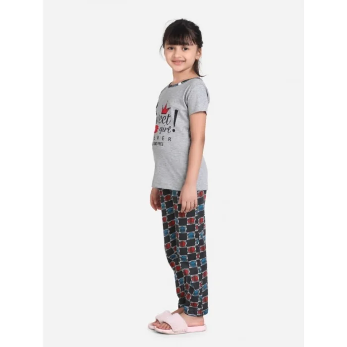 Girl’s Cotton Hosiery Printed Night Suit Set (Grey-Red) – view 5