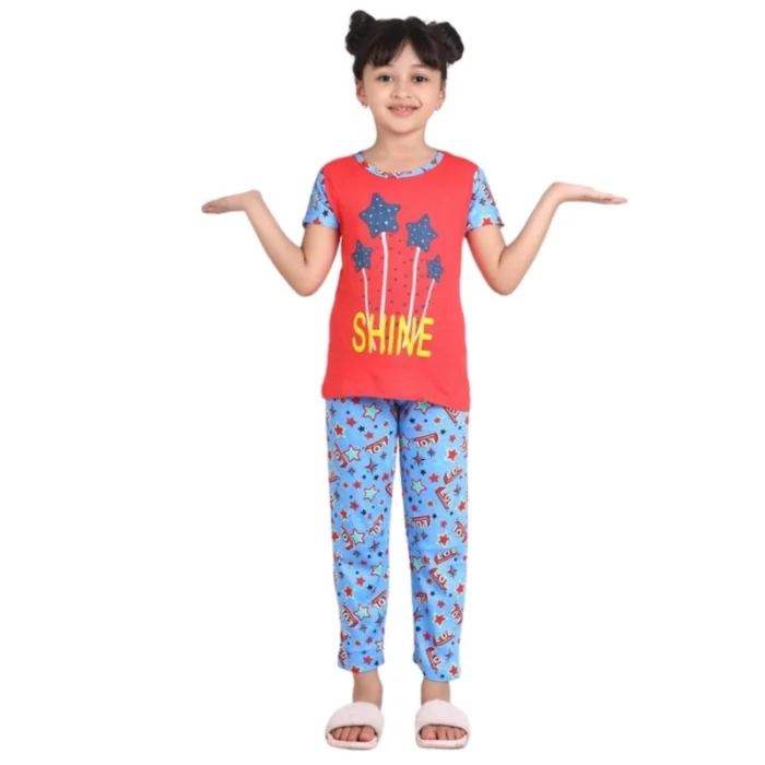 Girl’s Cotton Hosiery Printed Night Suit Set (Red-Blue) – view 5
