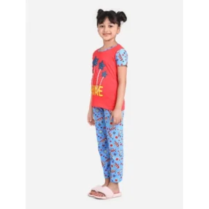 Girl’s Cotton Hosiery Printed Night Suit Set (Red-Blue)