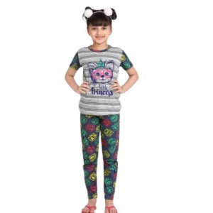 Girl’s Cotton Hosiery Printed Night Suit Set (Grey-Green)
