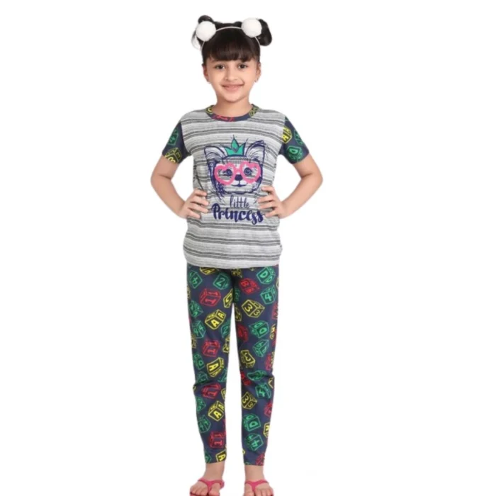 Girl’s Cotton Hosiery Printed Night Suit Set (Grey-Green)