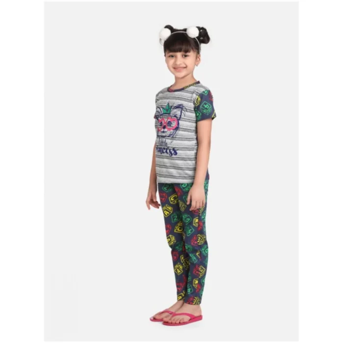 Girl’s Cotton Hosiery Printed Night Suit Set (Grey-Green) – view 5