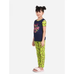 Girl’s Cotton Hosiery Printed Night Suit Set (Navy-Green)