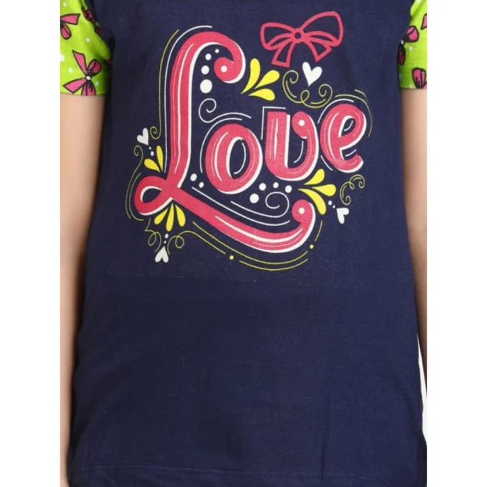 Girl’s Cotton Hosiery Printed Night Suit Set (Navy-Green) – view 3