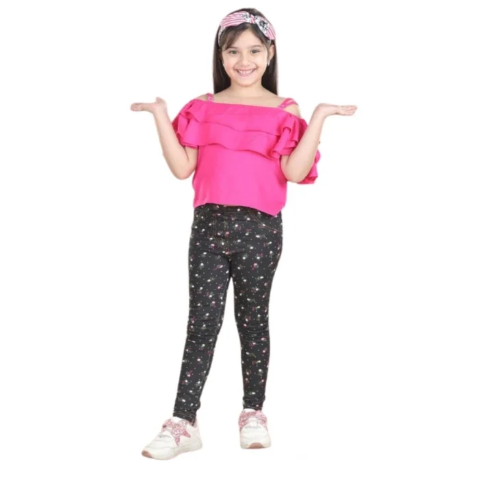Girl’s Cotton Floral Elasticated Jegging and Top Set (Pink) – view 5