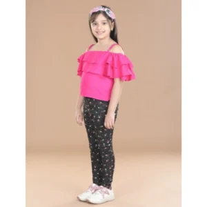 Girl’s Cotton Floral Elasticated Jegging and Top Set (Pink)