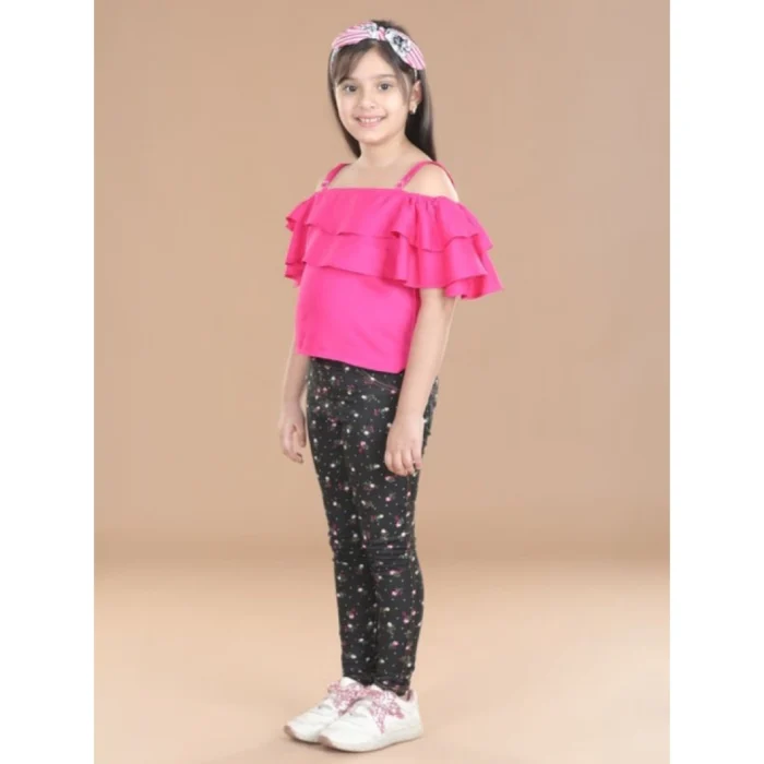 Girl’s Cotton Floral Elasticated Jegging and Top Set (Pink)