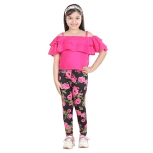 Girl’s Cotton Floral Elasticated Jegging and Top Set (Black-Pink) – view 2