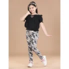 Girl’s Cotton Floral Elasticated Jegging and Top Set (Black)