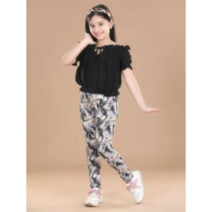 Girl’s Cotton Floral Elasticated Jegging and Top Set (Black)