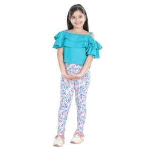 Girl’s Cotton Floral Elasticated Jegging and Top Set (Turquoise Blue) – view 2
