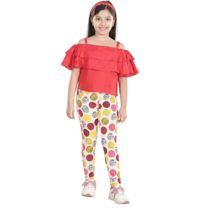 Girl’s Cotton Floral Elasticated Jegging and Top Set (Red) – view 5