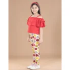 Girl’s Cotton Floral Elasticated Jegging and Top Set (Red)