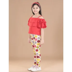 Girl’s Cotton Floral Elasticated Jegging and Top Set (Red)