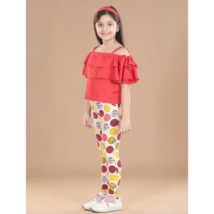 Girl’s Cotton Floral Elasticated Jegging and Top Set (Red)